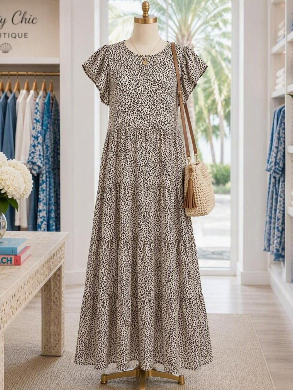 Brown and Cream Leopard Print Midi Dress with Short Sleeves - Picture 6 of 6